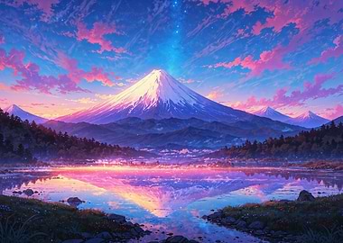 Mount Fuji Reflection Anime Landscape