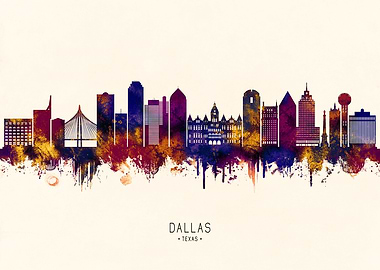 Dallas Texas Skyline Watercolor Silhouette