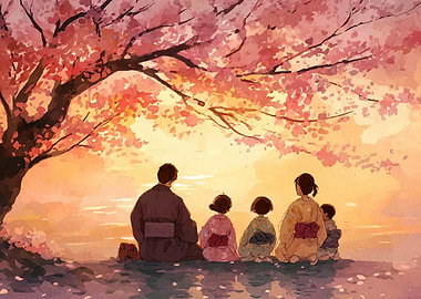 Japanese Family Under Cherry Blossom Tree