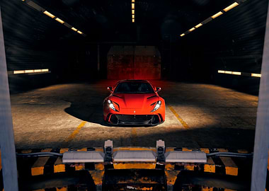 Red Sports Car in Dark Garage