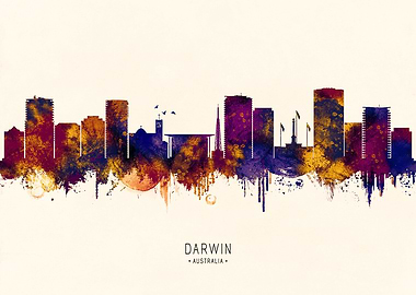 Darwin Australia Skyline Watercolor Silhouette