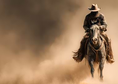 Cowboy riding horse through dusty landscape