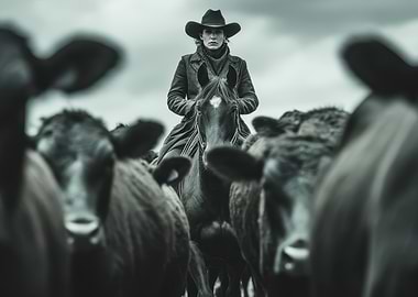 Cowboy on Horseback with Cattle Herd