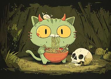 Cartoon Cat Eating Ramen with Skull