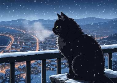 Black Cat in Winter Cityscape