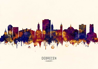 Debrecen Hungary Skyline Watercolor Silhouette