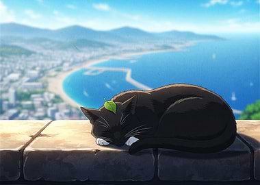 Sleeping Cat with Leaf