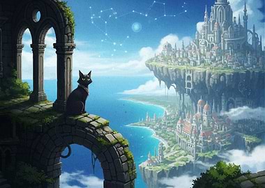 Black cat on stone archway fantasy