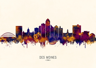 Des Moines Iowa Skyline Watercolor
