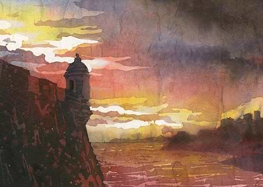 Watercolor Sunset over Coastal Fortress El Morro Puerto Rico