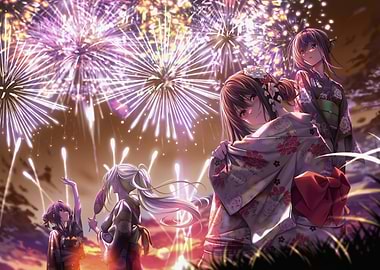 Girls in Kimonos with Fireworks