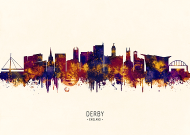 Derby England Skyline Watercolor Silhouette