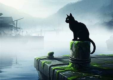 Black Cat on Mossy Pier