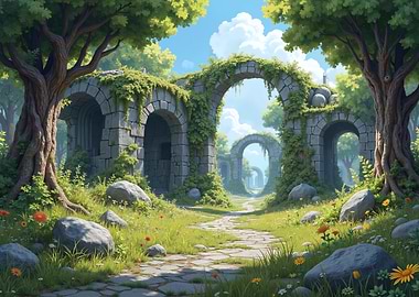 Ruined Arches in a Lush Landscape