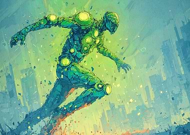 Green Futuristic Figure Running in Cityscape
