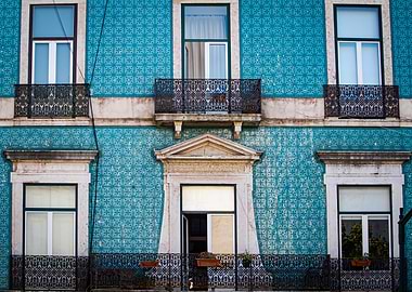 Blue tiled building facade with windows