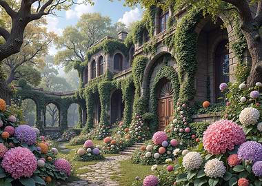 Ivy-covered mansion with hydrangea garden