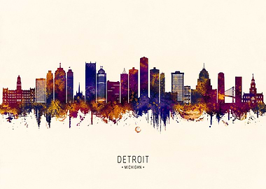 Detroit Michigan Skyline Watercolor