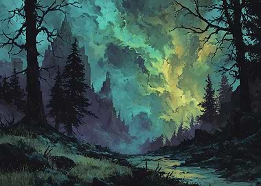 Mystical Forest Landscape with Castle Ruins