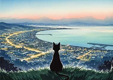 Cat gazing at city lights