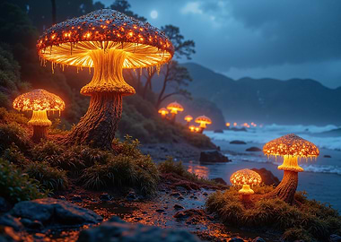 Glowing Mushroom Landscape at Dusk