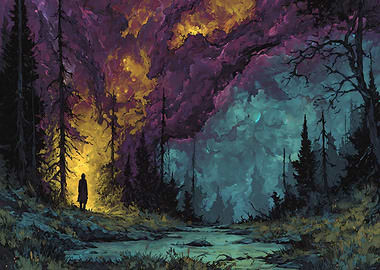 Person in Forest with Colorful Sky