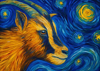 Goat in Starry Night Style Painting