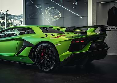 Green Lamborghini Aventador SVJ Rear View