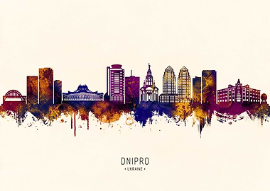 Dnipro Ukraine Skyline Watercolor Silhouette