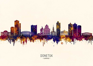Donetsk Ukraine Skyline Watercolor Art