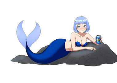 Anime Mermaid with Drink on Rock
