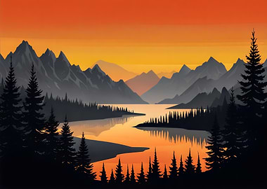 Mountains at Lake Sunset Landscape