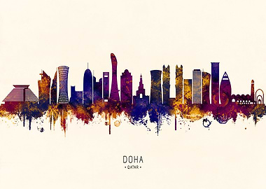 Doha, Qatar Skyline Watercolor Silhouette