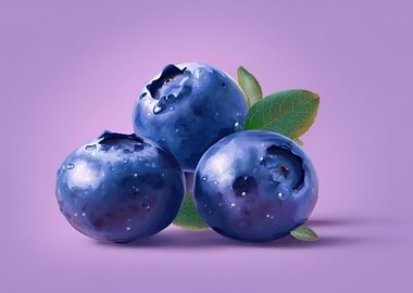 Three Blueberries with Leaves on Purple