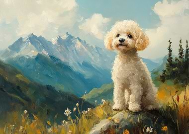 Dog in Mountain Landscape Painting | Elegant Curly Dog Wall Art
