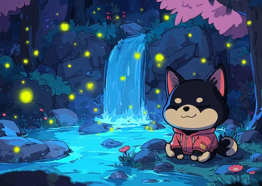 Shiba Inu by Waterfall with Fireflies