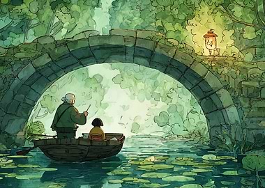 Boat ride under stone bridge