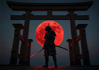 Samurai Warrior Under Red Moon Gate