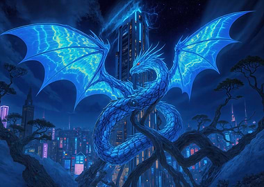 Electric Blue Dragon Over Cyberpunk City