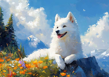 Samoyed Dog in Mountain Landscape Painting