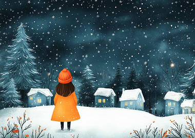 Winter Night Scene with Girl