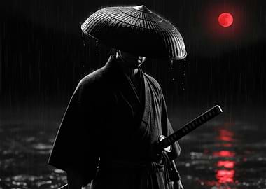 Samurai in Rain with Red Moon