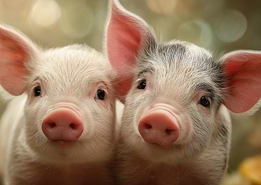 Two Cute Piglets Close-Up
