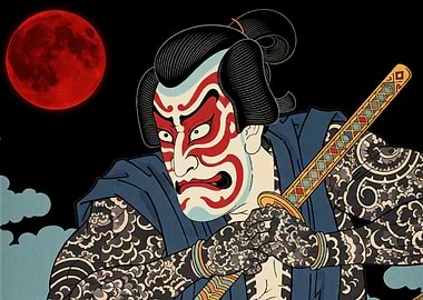 Kabuki Warrior with Katana and Red Moon