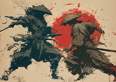 Samurai Duel with Red Sun