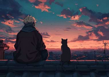 Anime Boy and Cat Sunset View