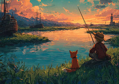 Boy and Fox Fishing at Sunset