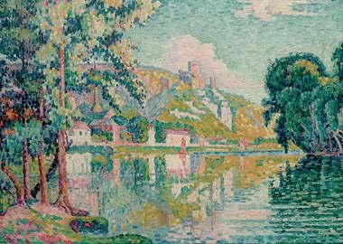 Pointillist Landscape with River and Castle, paul signac paintings