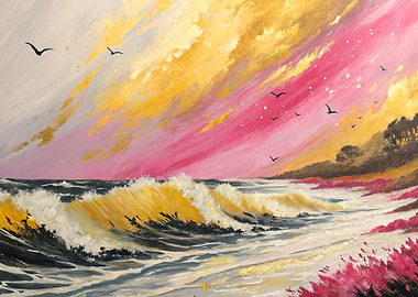 Seascape Painting with Pink and Gold Sky