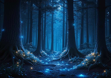 Enchanted Blue Forest at Night